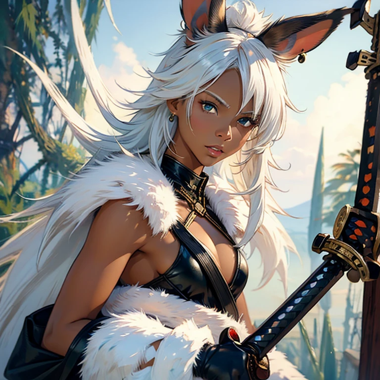 Best quality, masterpiece, super detailed high resolution, (realistic: 1.4), full bodyview, 1 Girl Holding katana, (Exhibition: 1.2), open white fur mantle, abs, toned body, muscle, Earrings, messy_long_hair, Movie Lights, lens_flare, dark brown skin, brown skin, dark skin, ebony skin, green eyes, white hair, white rabbit ears, sword unsheathed, dueling