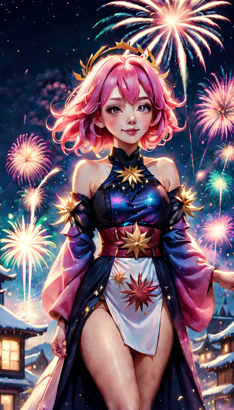 Festival poster, Happy New Year 2024,wide wide shot,Expansive night sky,Winter snowflakes fluttering,landscape,painting,illustration,portrait,YeMkAF,yae miko, pink hair, sleeves separated, strapless,((grand fireworks display in the night sky)),mesmerizing colors fireworks,twinkling stars,romantic ambiance,overwhelming sense of excitement,festive atmosphere,magical moment,inspiring and artistic composition. best quality,4k,8k,highres,masterpiece:1.2,ultra-detailed,realistic:1.37,