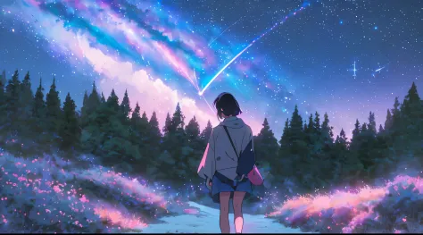 A girl with short black hair ,looking at the night sky full of glowing stars and milky way,a comet with blue , red , purple, gre...