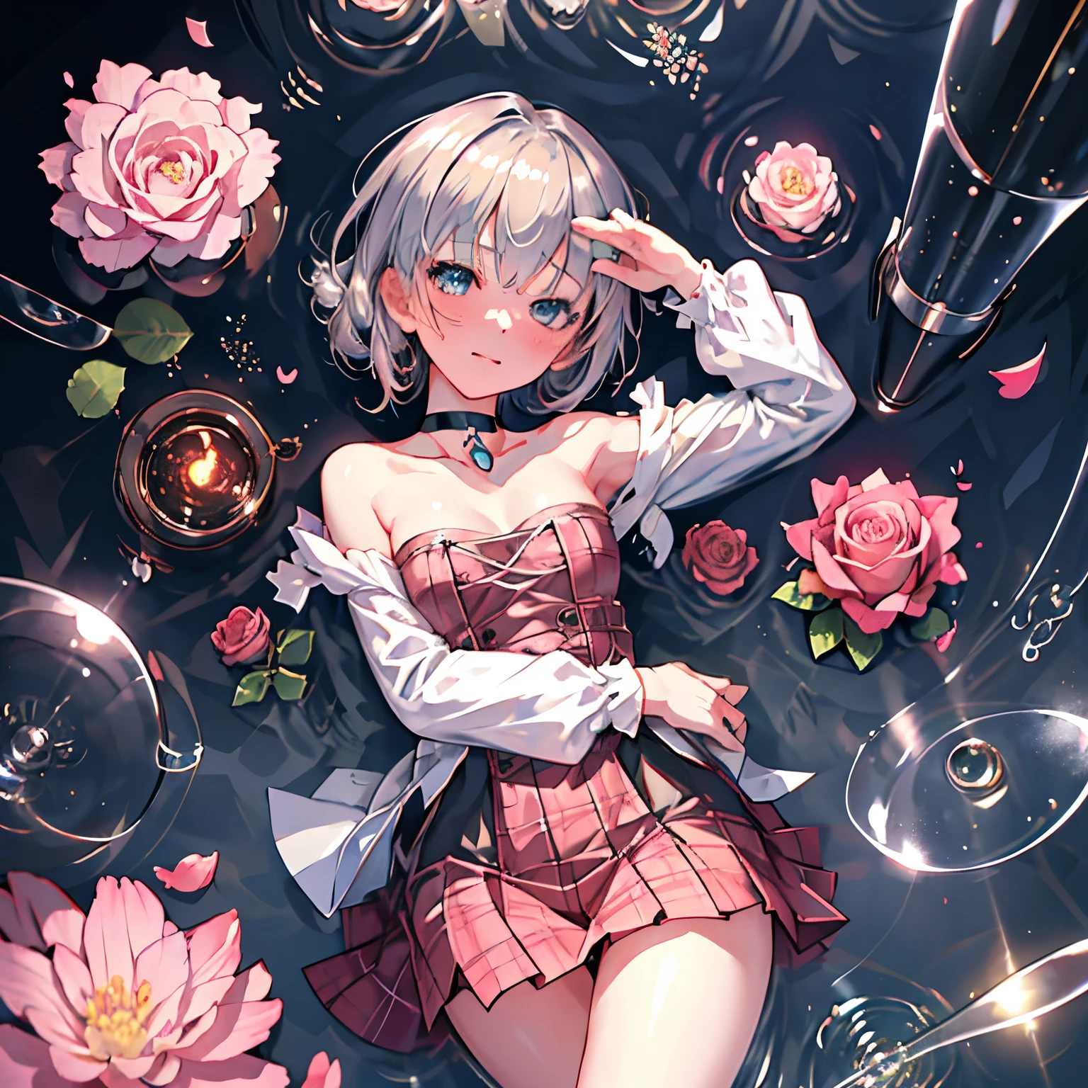 ((1girl in))、Ultra-detailed、Extremely detailed、eye glass、Rose flower、super transparent、聖なるoptic、美しいスペクトルoptic、Glowing petals、Shimmering dark background、透明なoptic滴、反射optic、发optic、opticのストリーミング、optics、portrait silhouette、foco nítido、magia、Convoluted、surrealistic、Fantasia、constitute、optic、Art Station Trend、pearls、Guardian Saint Cloud Silver Vapor、Corrosion Surround Ray Family、8K、Real AR23v4 Upright、Beautuful Women、Heart-shaped choker、Pink twin tail hairstyle、gazing at viewer