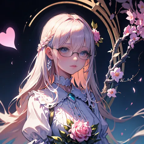 ((1girl in))、ultra-detailed、extremely detailed、eye glass、rose flower、super transparent、聖なるoptic、美しいスペクトルoptic、glowing petals、shi...