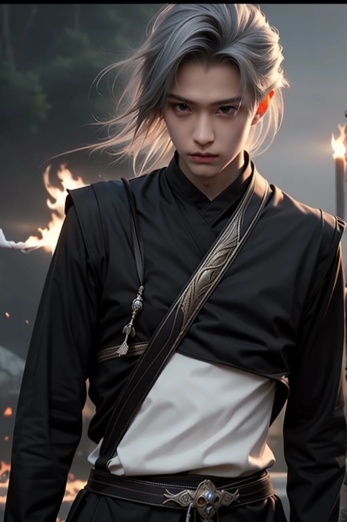 photorealistic,realistic,photography,masterpiece,best quality,ultra-detailed,extremely detailed CG unity 8k wallpaper,(1boy:1.1),silver hair,full body,the cage,smoke,flame,sword,holding a weapon,black theme,