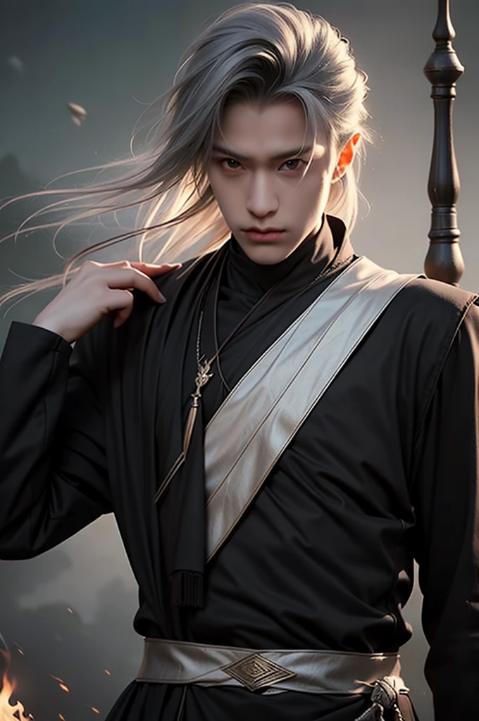 photorealistic,realistic,photography,masterpiece,best quality,ultra-detailed,extremely detailed CG unity 8k wallpaper,(1boy:1.1),silver hair,full body,the cage,smoke,flame,sword,holding a weapon,black theme,