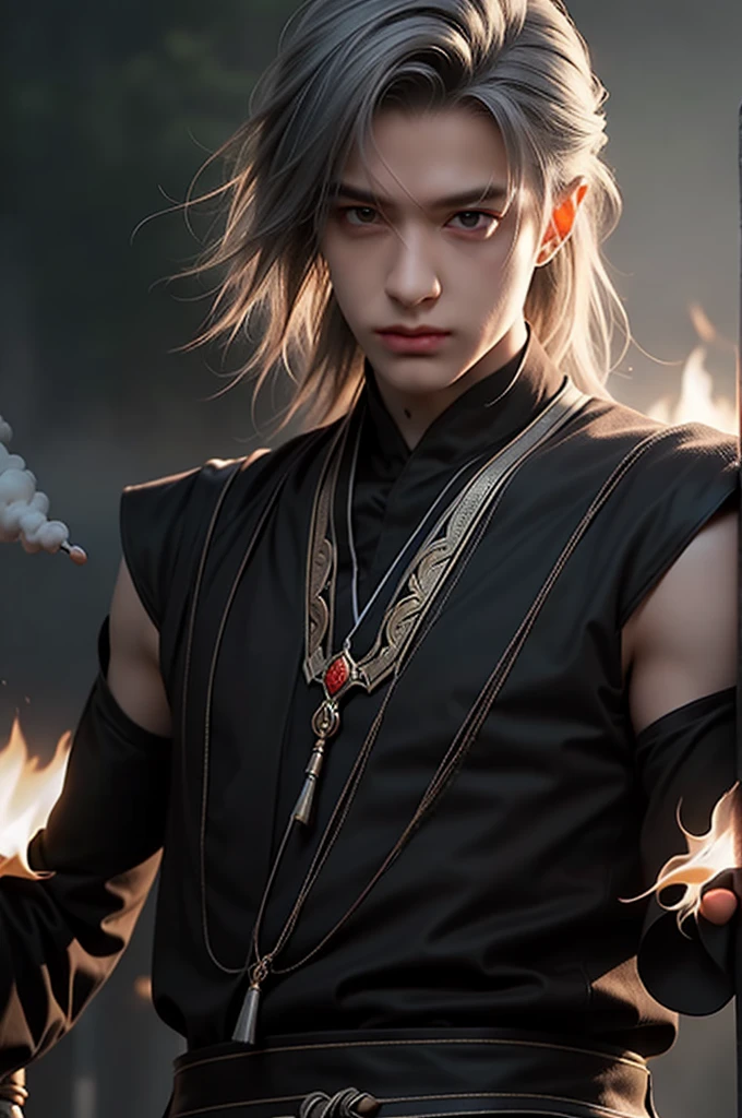 photorealistic,realistic,photography,masterpiece,best quality,ultra-detailed,extremely detailed CG unity 8k wallpaper,(1boy:1.1),silver hair,full body,the cage,smoke,flame,sword,holding a weapon,black theme,