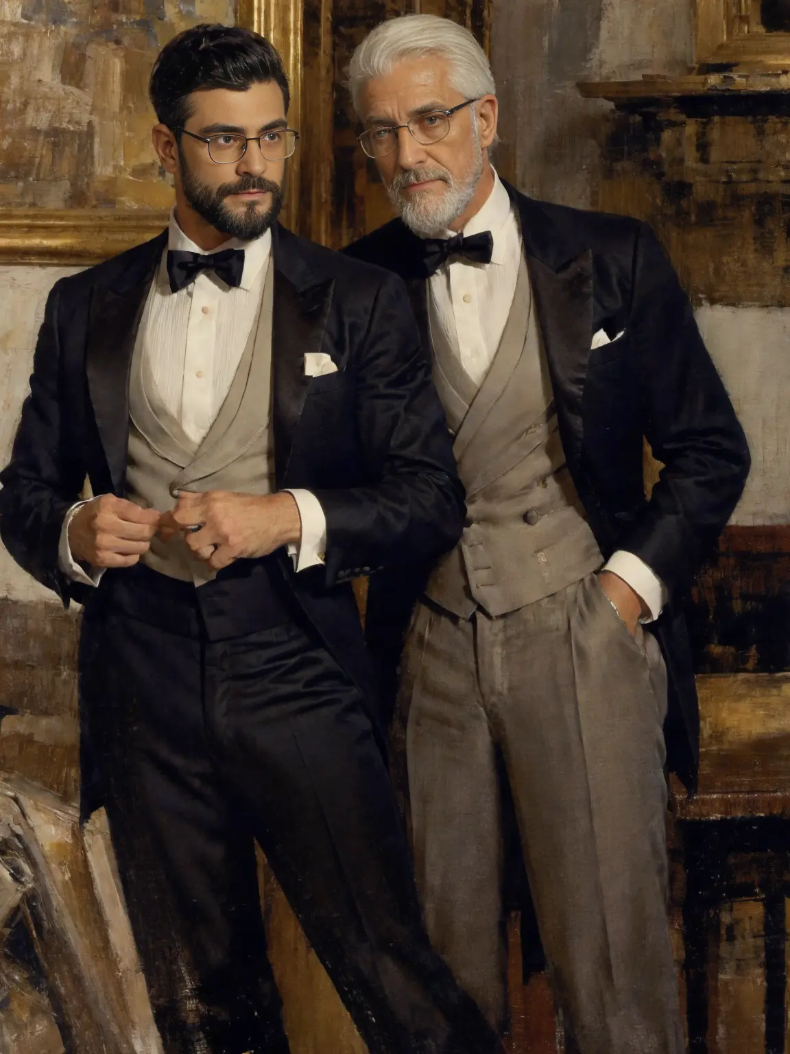 （（Oil painting strokes 1.5 ，Oil painting 1.2 texture！Canvas texture！））Scraper carving texture！Bearded！Two men in dark tuxedos, s...