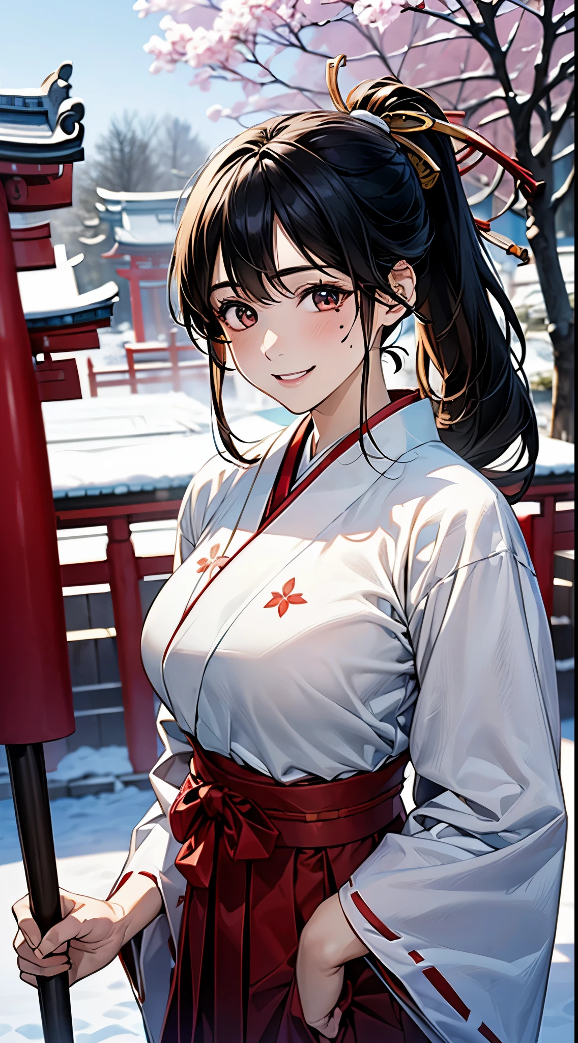 ((perfect anatomy, anatomically correct, super detailed skin)), 
1 girl, japanese, 16 years old, shiny skin, large breasts:0.5, watching the view, 
((miko clothes, long sleeve, red hakama, hair ribbon)), break, 
beautiful hair, beautiful face, beautiful detailed eyes, (middle hair:1.2, ponytail:1.2), ((black hair)), brown eyes, babyface, mole under eye, break, 
((lovely smile, happy)), standing, walking, holding broom, 
(beautiful scenery), winter, dawn, (new year's day, first visit), (shinto shrine), crowd, snow, snowfall:1.5, freezing weather, frost, 
(8k, top-quality, masterpiece​:1.2, extremely detailed), (photorealistic:1.2), sunlight, beautiful art, visual art, depth of fields, natural lighting,