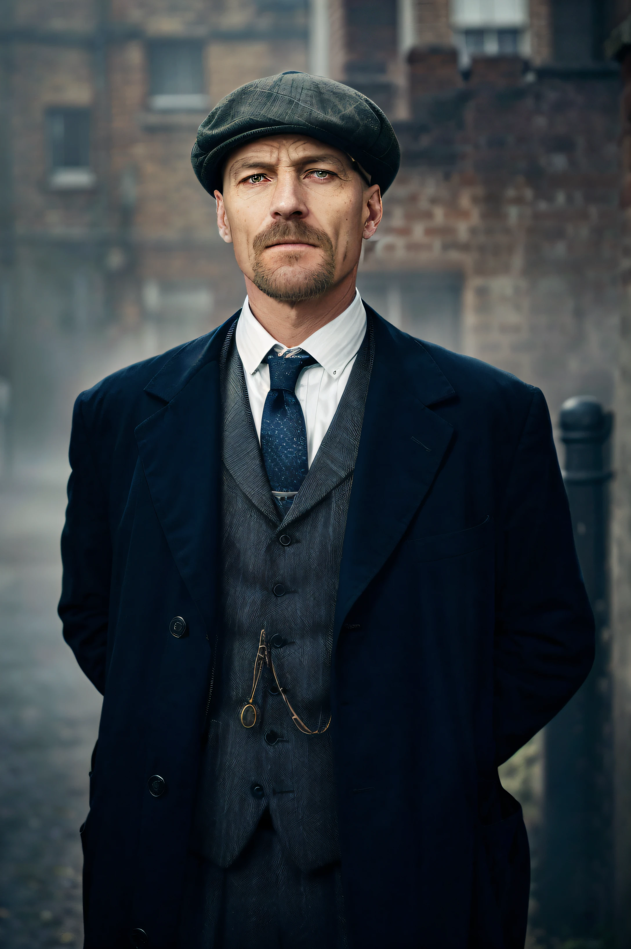 there is a man in a suit and tie standing in a street, peaky blinders, costumes from peaky blinders, peaky blinders (2018), peaky blinders gang, inspired by Max Magnus Norman, tom hardy as henry dorsett case, sherlock holmes, portrait of sherlock holmes, a suited man in a hat