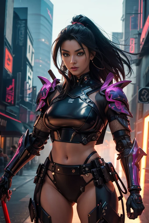 Beautiful Alluring Cyberpunk Samurai, pele nua, Well-toned athletic body, forma elegante, pele nua, Fora no Neon Palace, mal vestido, Beautiful Face, Smaurai-inspired bikini armor, mechanical limbs, Robotic parts on display, pele cromada, shiny neon pieces, japanese theme, tema cyberpunk, fiverr dnd personagem, octan render, arte digital, Detalhe extremo, 4k, Ultra HD |, polido, Beautiful, hiperdetalhado, intrincado, elaborar, meticuloso, fotorrealista, foco nítido, WLOP, design de personagens, Motor irreal, 3d renderizado, Volumetric lighting, reflexions, glossy, digital illustation,  Posar, Suggestive Posar, lascivo, tiro de corpo inteiro, nu, Visible , Inchado , 💖❤💕💋❣