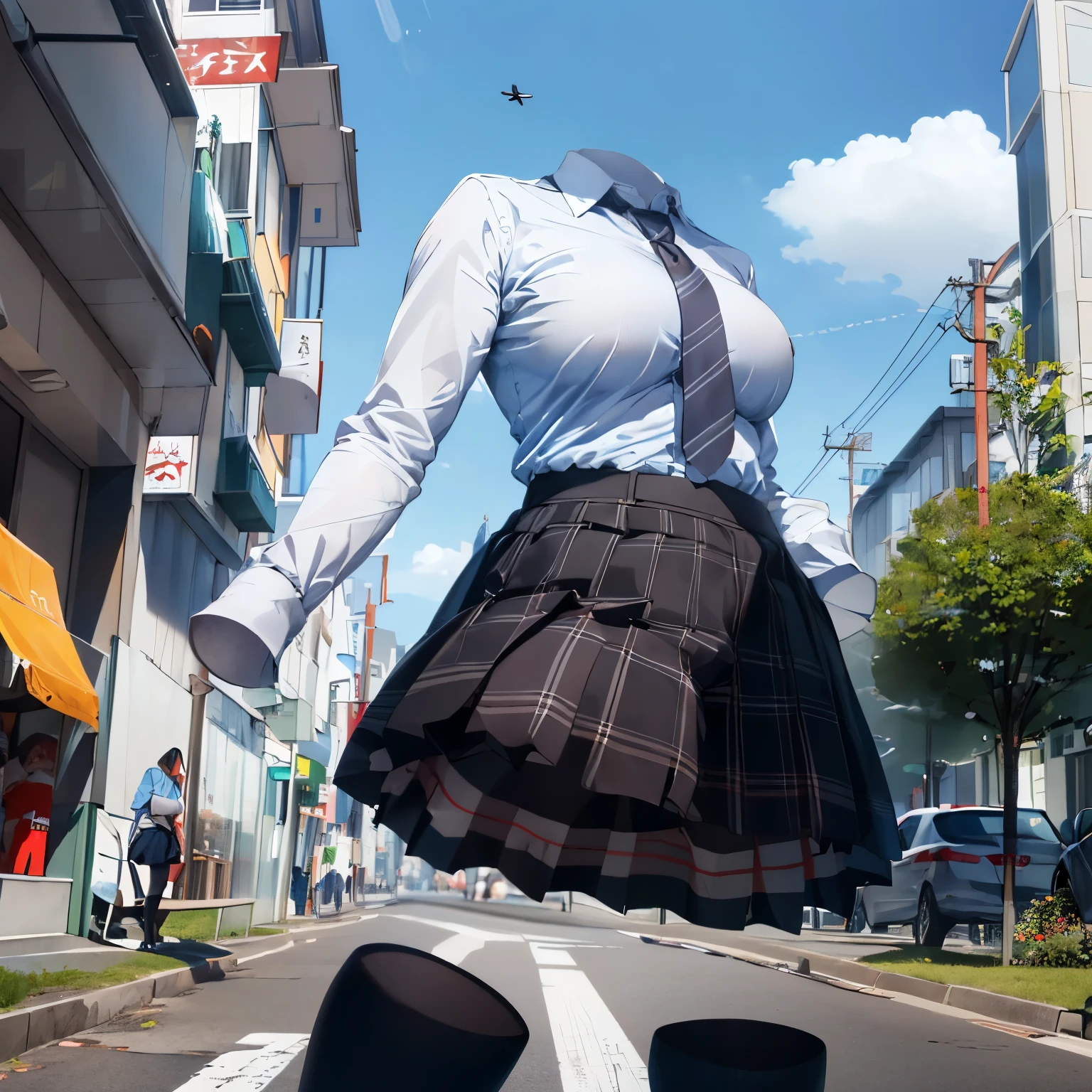 absurdres, highres, ultra detailed, , stripe tie, plaid skirt, cute big breasts, (invisible, no human, headless, handless:1.5), chubby, fat, from below