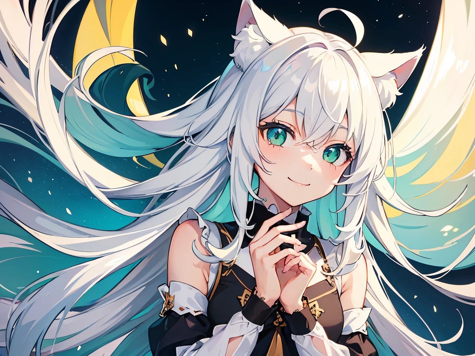 high qulity, Best quality at best, tmasterpiece, One Little Girl，Facing the camera direction，long  white hair, whaite hair，green-eyed, cat ear，Smile Expression