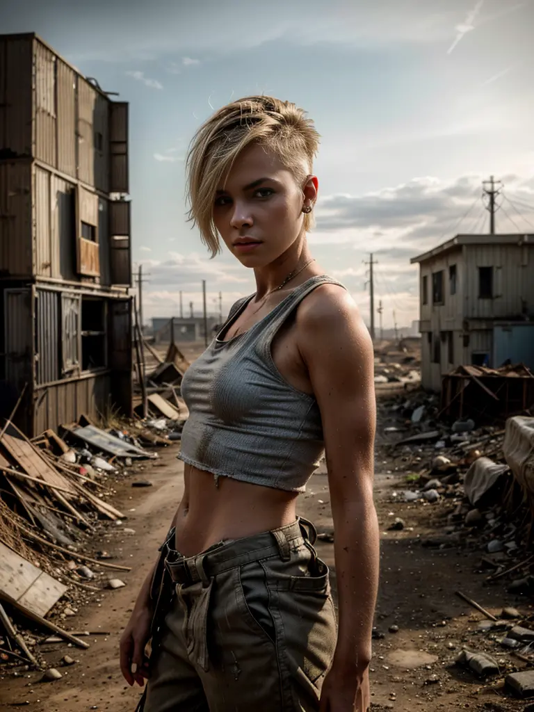 Masterpiece, portrait of a beautiful 18 years old american girl in a post-apocalyptic wilderness, punk blonde short hair shaved ...