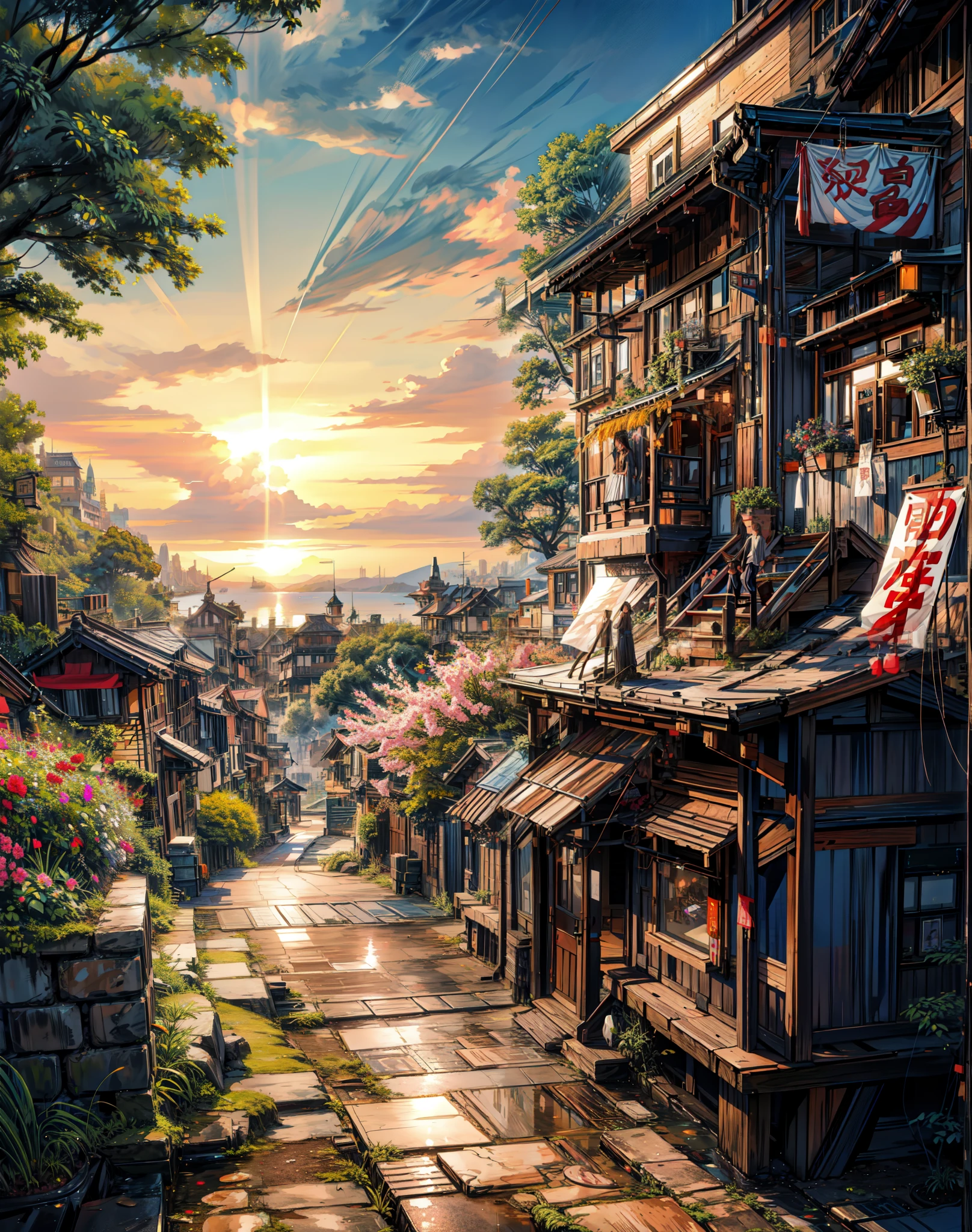 picture of an old street stall, Ghibli , beautiful landscape ,Sunlight,((Brilliant appearance)),Ghibli style, HD, hiquality, water reflection, Bushes,4k HD, Cloud,beautiful art uHD 4 k, beautiful illustration, beautiful digital painting, highly detailed digital painting, beautiful digital artwork, detailed painting 4 k, very detailed digital painting, Rich pictorial colors, gorgeous digital painting