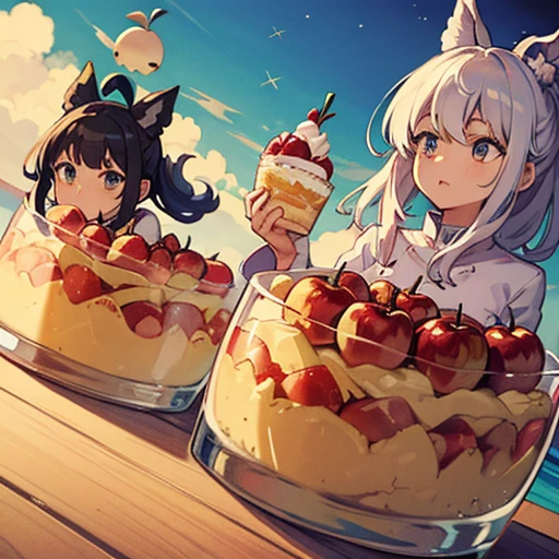 A pastry chef covered in apple parfait serving a large apple parfait、Amazing dynamism、Amazing Angle、Cream sandstorm with unstable buoyancy scattering、((Many friendly large apples float closely together and chase each other.))、((surround each other&#39;big apple parfait))