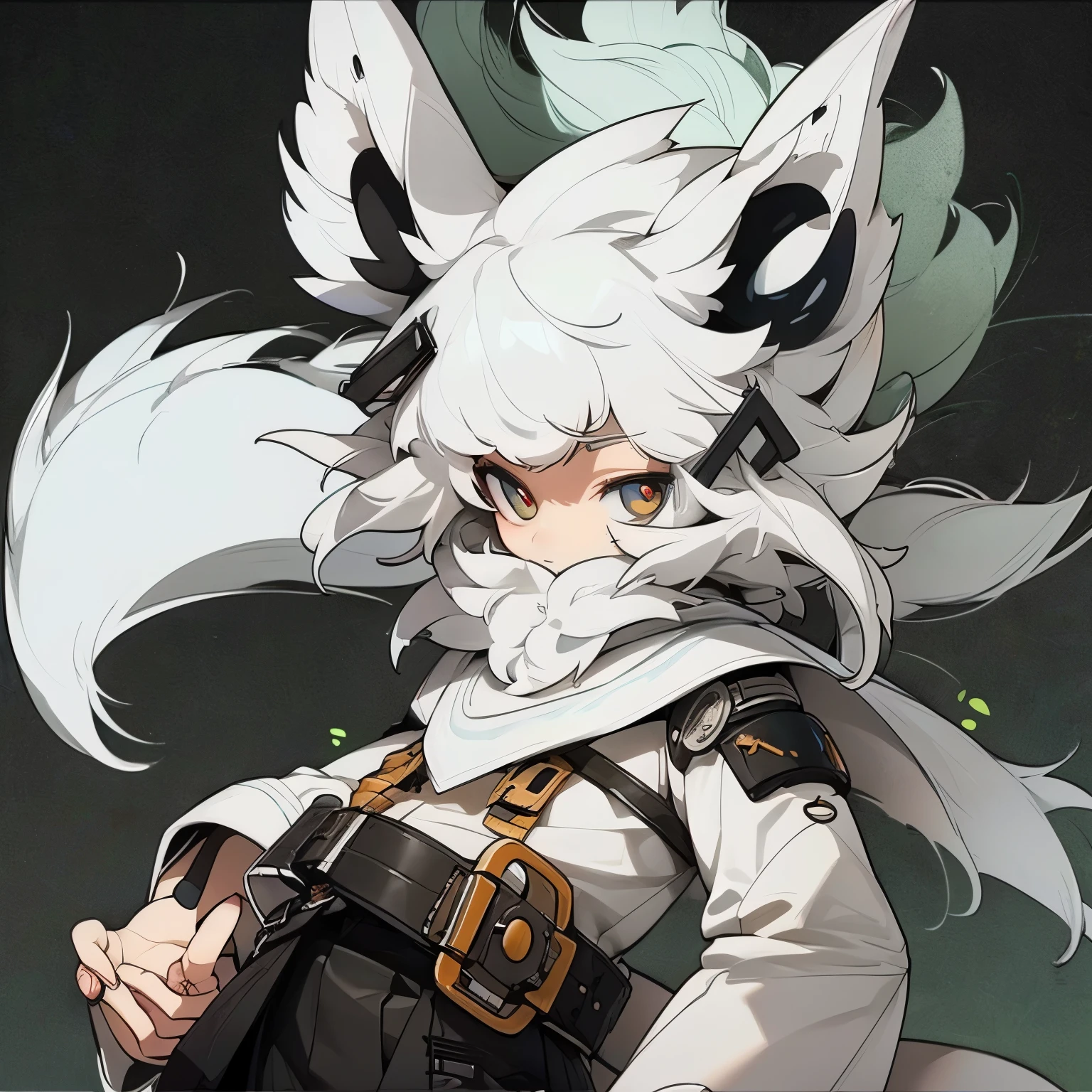 a white wolf，The top of the head is gray，Blue pupils，Wear a tactical vest，There is an automatic belt hanging around the waist，Ears pointed and set back