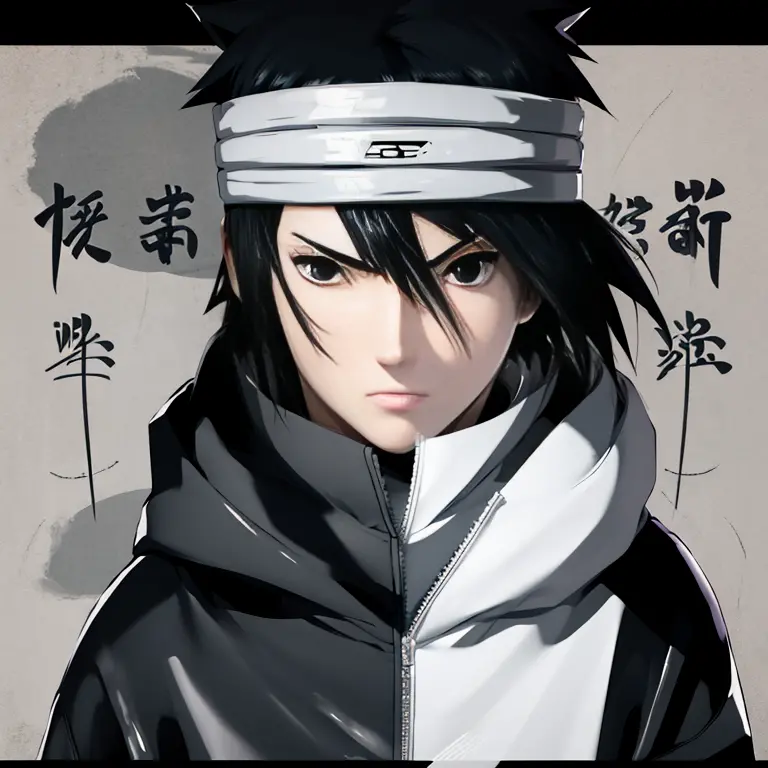 Make the image of Sasuke Uchiha how is it in the manga, image, in black and white and black jacket