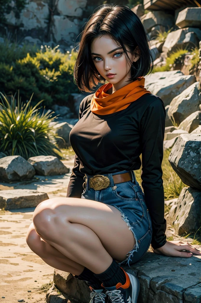 (masterpiece), best quality, expressive eyes, perfect face, highres, 1 girl, solo, android 17 girl, (female body:1.3), blue eyes, black hair,parted hair,short hair, black shirt, jeans, layered shirt, white sleeves,orange bandana, blue sneakers, green socks, brown belt, red patch, outdoor, landscape, sitting on floor, portrait, looking at the viewer