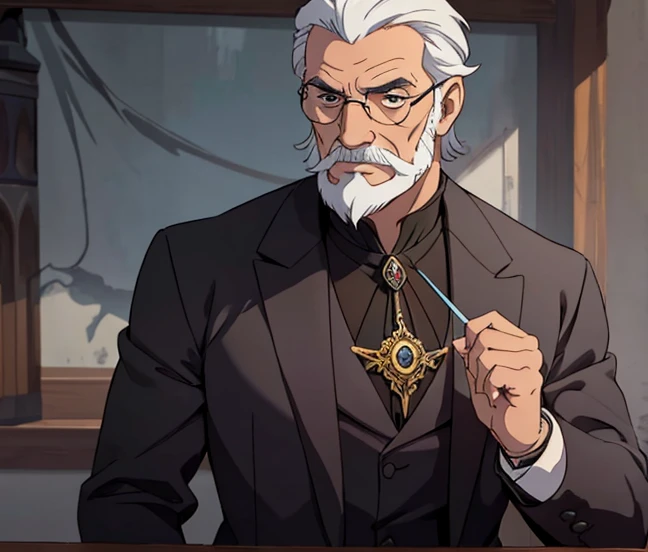 Male, elderly, school headmaster, black outfit, (monocle), facial hair, dignified, (medieval fantasy settinagic.