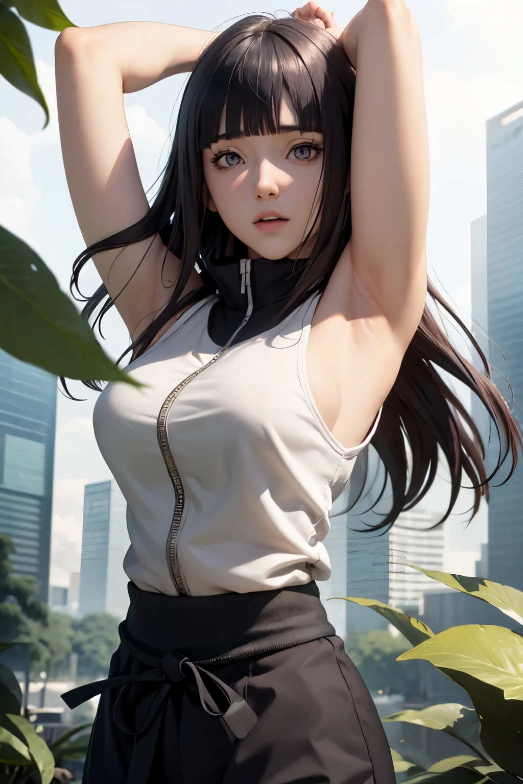 Hinata from Naruto Shippuden, UHD Hinata, UHD Hinata eyes, Sleeveless top, Arms up in the air, UHD armpit details, UHD Face details, UHD underarms, Leaf village, Large breasts