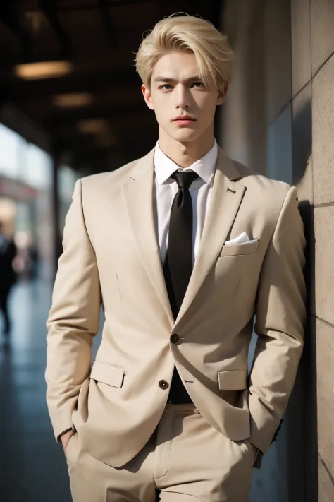 1boy, blonde hair, Business suit, Very detailed handsome face, Heroic,  Large muscles, beige color suit