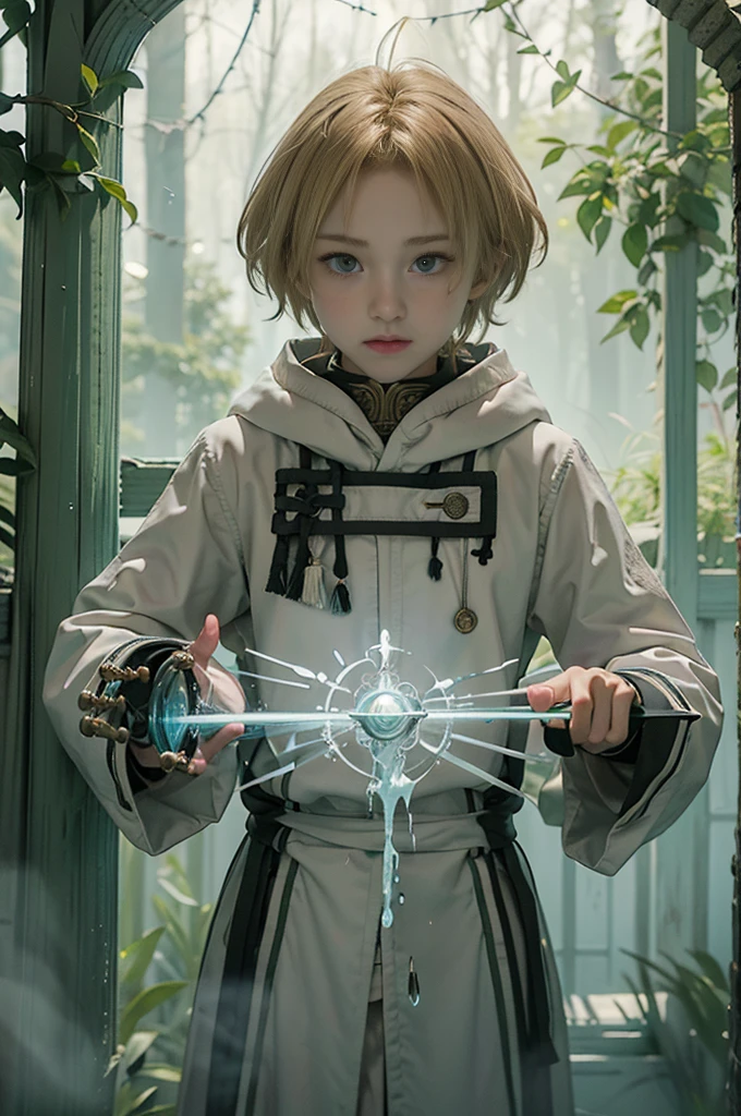 1 boy,, rudeus_greyrat, green eyes, blonde hair, gray robes, white shirt, magician, mage, standing, (holding magic staff), magic, (water bending, using abilitieorest, upper body, ((masterpiece)), high detailed illustration, high detailed background, hi-res