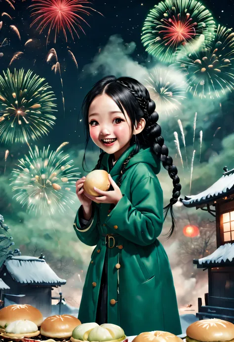 (2024 New Year theme poster design）,(Cute kawaii happy smiling asian girl in green cotton coat is eating steaming big steamed bu...