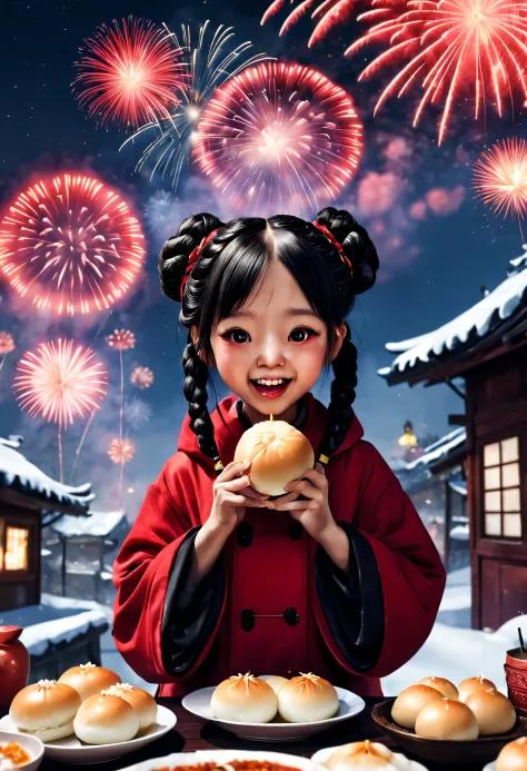 (2024 New Year theme poster design）,(Cute kawaii happy smiling asian girl in red cotton coat is eating steaming big steamed buns...