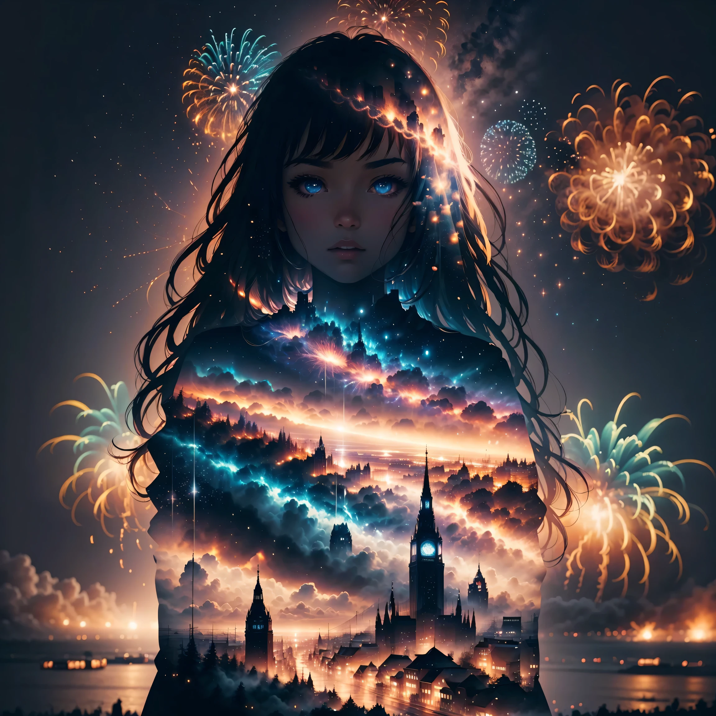 wide wide shot，Expansive night sky，new year，(A grand fireworks display)，contours，(Girl contours texture clear)，(double exposure effect)，vibrant with colors，creative composition，artsy photography，hight contrast，soft focus，vague background，(multiple exposure)，Different perspectives of uturistic high-rise buildings、(Overlay the image)、Surreal atmosphere、(Best quality,4K,8K,A high resolution,tmasterpiece:1.2),ultra - detailed,