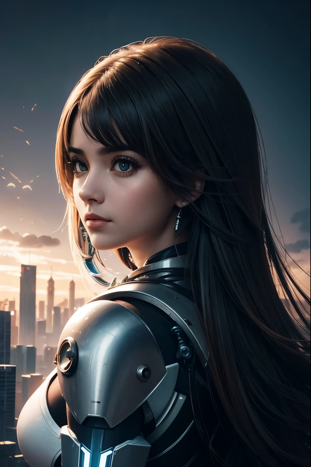 melhor qualidade ,parte mestre, ilustração, um extremamente delicado e bonito, extremamente detalhado ,CG ,unidade ,Papel de parede 8K, incrível, detalhe fino, parte mestre,melhor qualidade,arte oficial,extremamente detalhado CG unidade Papel de parede 8K,Absurdo, incrivelmente absurdo, ultra-detalhado, Alto, extremamente detalhado, detalhada bonita,luz no rosto, 1 garota, mecha, armadura, mechanicalgirl_Corpo, cabelos pretos,  nave espacial, Cidade, ciberpunk, estrela_Paraíso