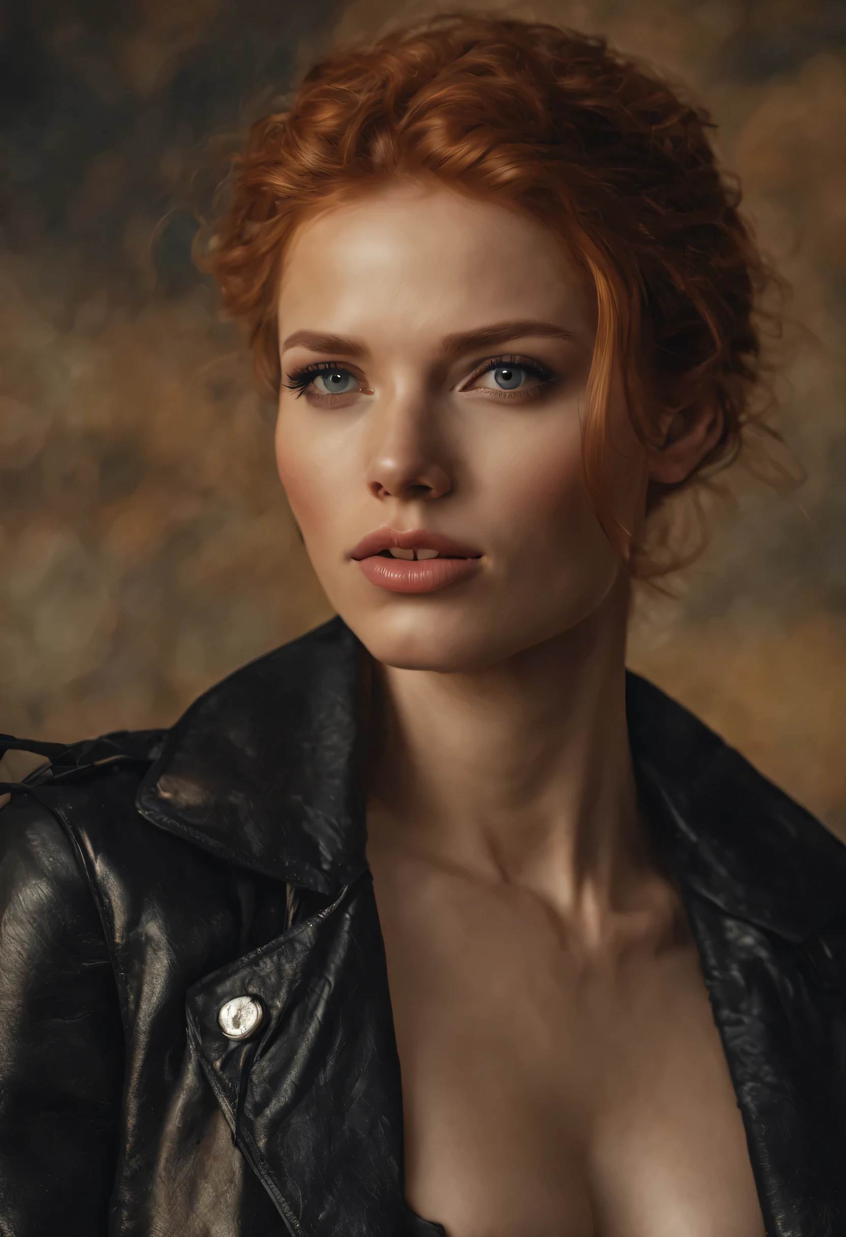 (masterpiece), RAW photo, rear photograph, realistic, horney beautiful woman, ((( face details high quality ))) ((( one women))) stunning beautiful ginger, short hair, photography , smooth skin, shinny skin, very detailed and colorful , by alex1shved, highly realistic, ruddy skin, beautiful, full lips, blue eyes, wide eyes, smiling, feeling of lightness and joy, hyperrealism, skin very elaborated, by alex1shved. ((( high quality details))), perfect lighting, Detailed, ultra detailed, best HD quality, best quality 32k hires UHD HDR. By Maya, posing view, Leaning against a wall , (wearing nothing), (((horney))), (((horney eyes))), wearing ((( black leather tall and wide jacket only )) ((( curved-body female ))) , bloom, ((showing the beauty of her )), beautiful face, extremely delicate and beautiful, ((( big chest blossom))) (((showing the beauty of her body )))