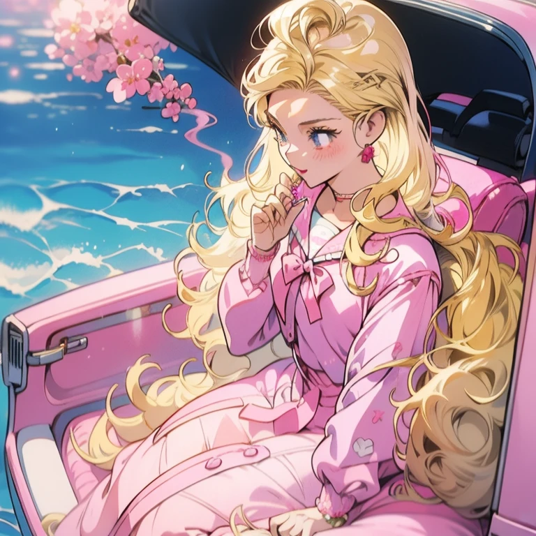 (ブロンドのバービー:1.2),(ピンクの衣装:1.1),(90年代のヴィンテージ:1.1),(ロマンスアニメスタイル:1.3), ピンクの車に座っている, ピンクのカーディガン, 喫煙, 長い髪, 前髪なし