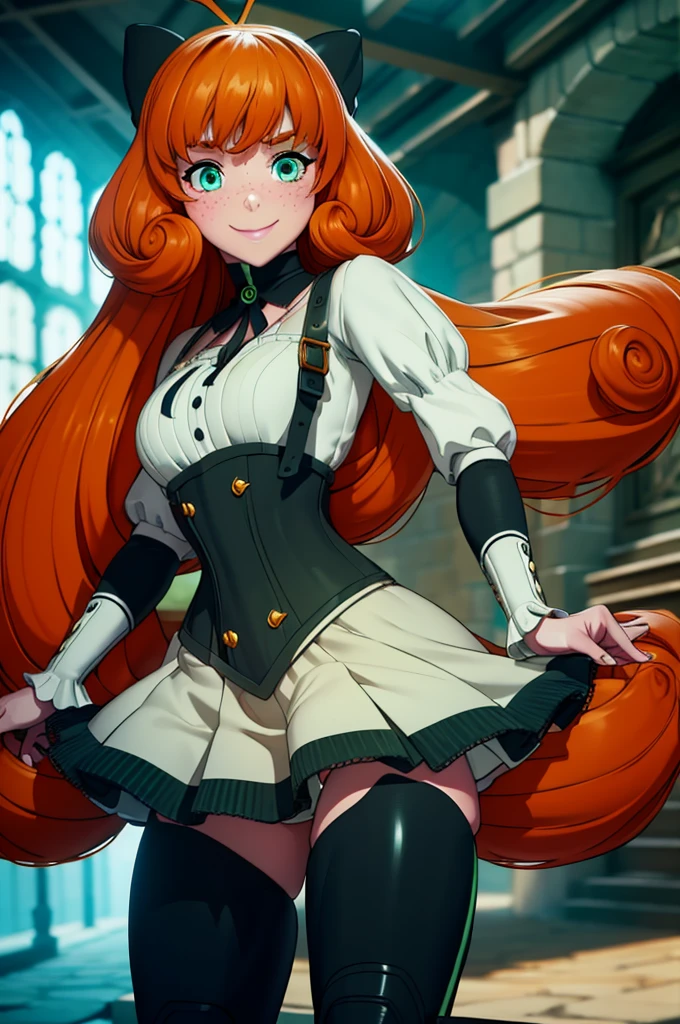 pennymk2, detailed face, beautiful, blur, depth of field, green eyes, freckles, black bow, (power symbol:1.2), black ribbon, black thighhighs, mechanical legs, smile, long hair, juliet sleeves, white blouse, suspender skirt, corset, buttons, orange hair, 8k wallpaper, octane render, cinematic lighting, best quality, highres, absurdres, sharp focus, (8k), (4k), (Best Quality), fantasy, extremely detailed, intricate, hyper detailed, (perfect face), illustration, soft lighting, (specular lighting:1.4), smile, full body