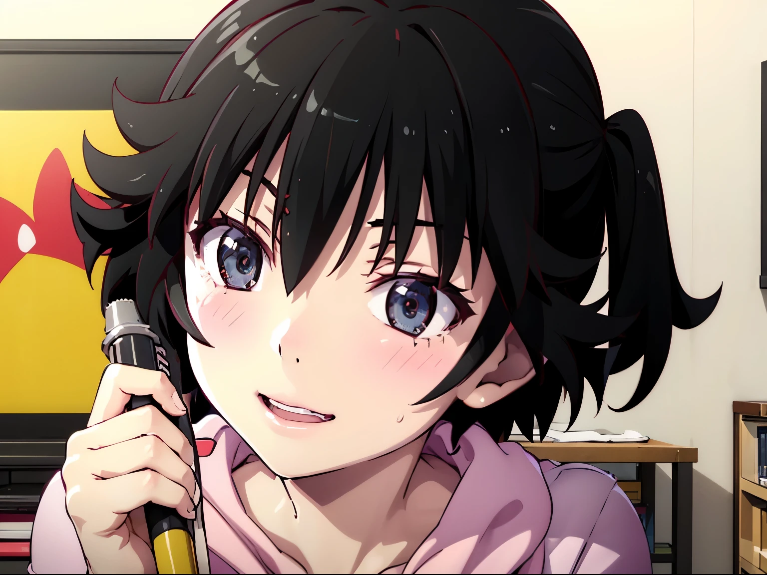 Anime girl with black hair talking on a cell phone - SeaArt AI