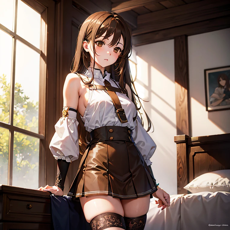 asunayuuki, asuna yuuki, long hair, brown hair, (brown eyes:2), (small breast:1.2),
BREAK skirt, thighhighs, bare shoulders, detached sleeves, armor, white thighhighs, breastplate,
BREAK indoors, bed, bedroom,
BREAK looking at viewer, BREAK (masterpiece:1.2), best quality, high resolution, unity 8k wallpaper, (illustration:0.8), (beautiful detailed eyes:1.6), extremely detailed face, perfect lighting, extremely detailed CG, (perfect hands, perfect anatomy),