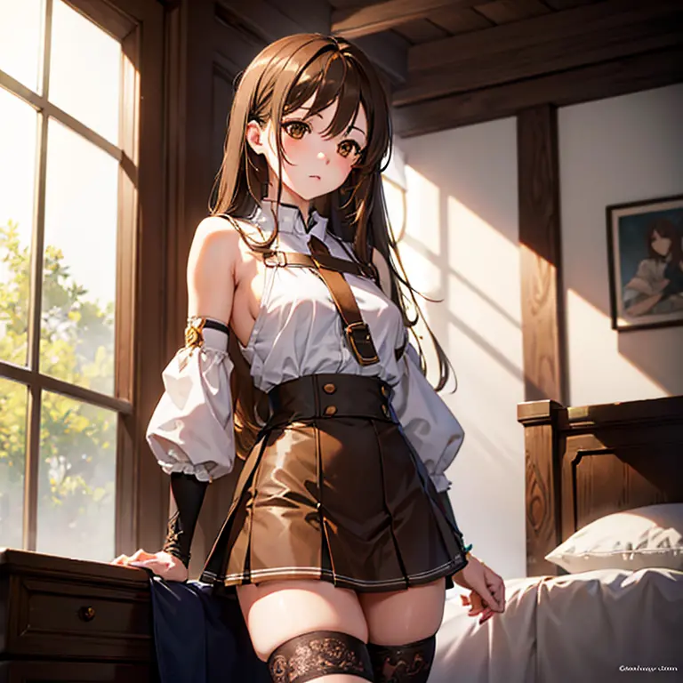 asunayuuki, asuna yuuki, long hair, brown hair, (brown eyes:2), (small breast:1.2),
break skirt, thighhighs, bare shoulders, det...