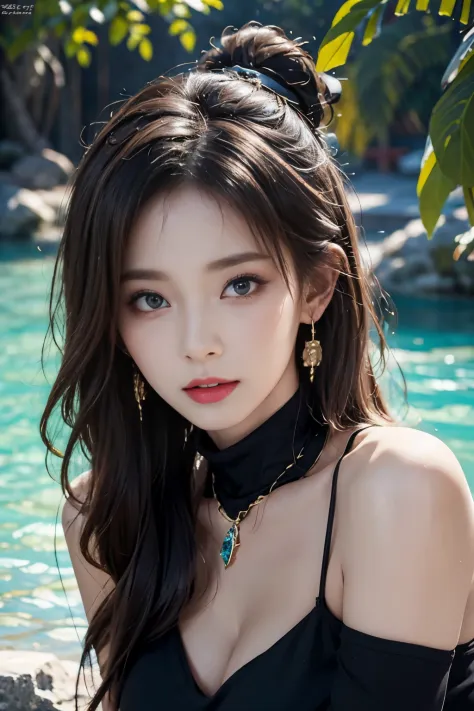 (top-quality,8K,​masterpiece),Japan model posing in trouble,Bewitching beauty,Colossal tits,Inviting look,(A detailed eye,Detailed lips,Detailed nose),Precision necklace,gyuru,Jewel Earrings,Painted on the waist,Cinematic,a wet body,wetting hair,Turtleneck...