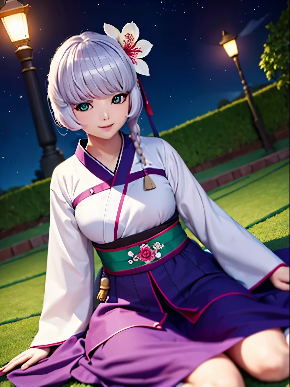 best quality, High_resolution, diferente_imagem, Antecedentes detalhados ,garota, Hanbok,flor,Jardim,lua, Noite,Dutch angle, tiro largo