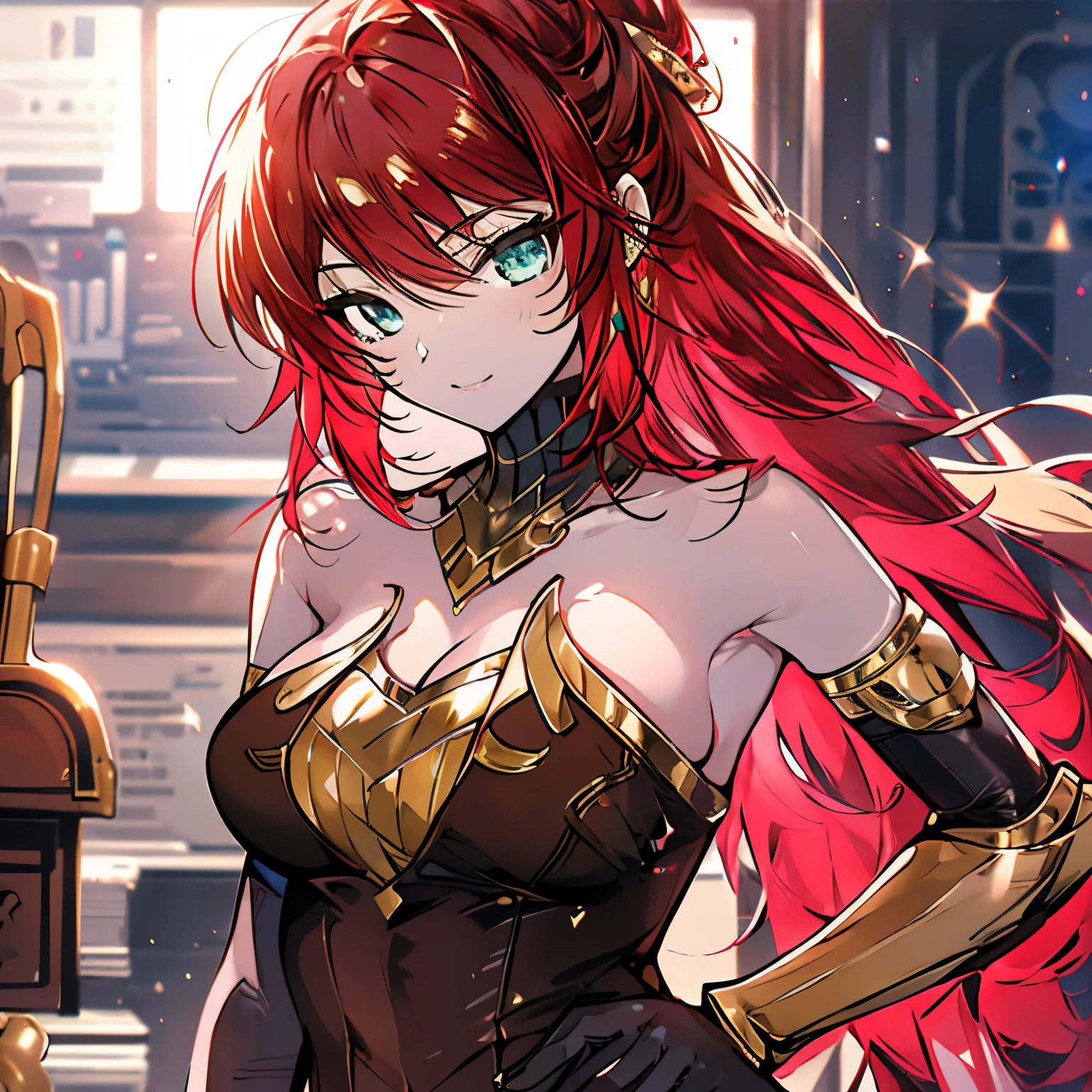 Pyrrha Nikos, nffsw, Metalbound, armor, Gold Jewels, Redheads are very detailed, 8k octane, nffsw, ultra-detailliert, Best Quality, Highest Quality, Realistic lighting, hyperdetails､small tits