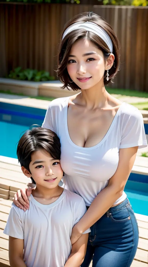 best quality,8k,portrait,beautiful Korean milf,top beauty,side view,very beautiful milf,profile,tight white t-shirt:1.3,close-up...