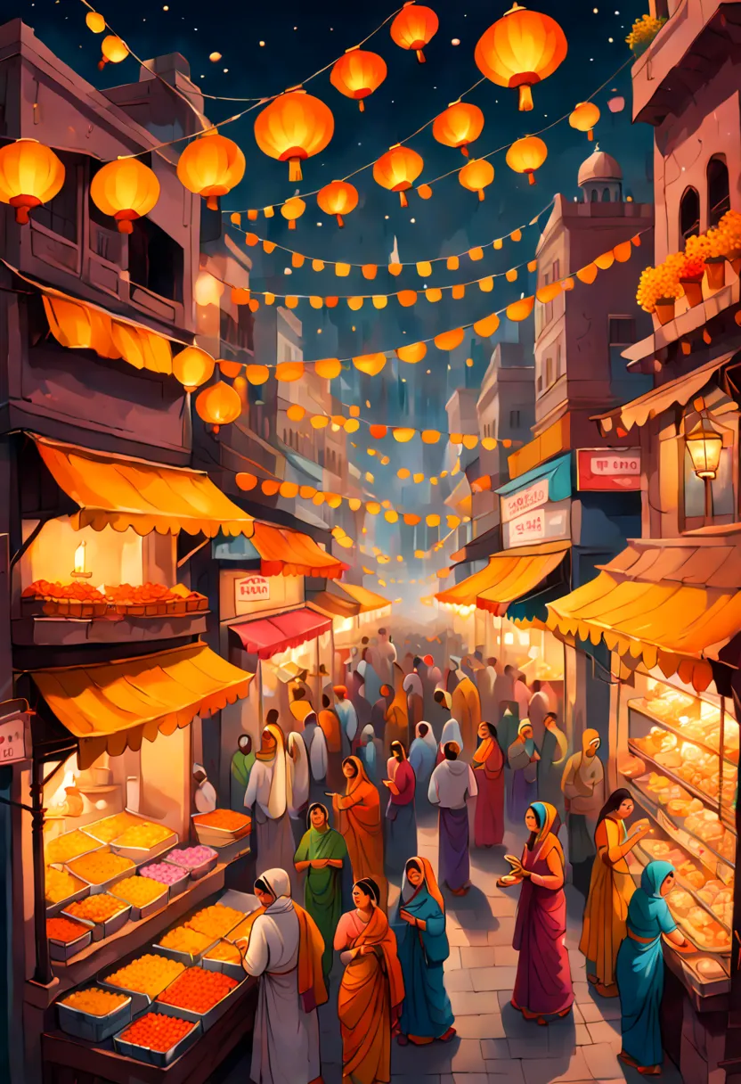 a vertical new year's scroll painting in indian miniature style featuring a crowded bazaar in old delhi with vendors selling flo...