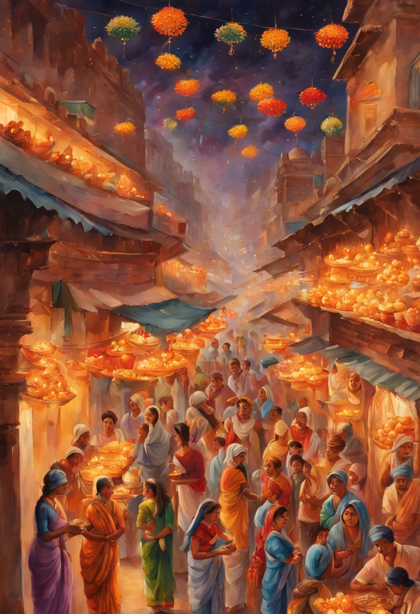 A vertical New Year's scroll painting in Indian miniature style featuring a crowded bazaar in old Delhi with vendors selling flowers and sweets for the Diwali festival. Women in colorful saris light oil lamps and hang marigold garlands as fireworks burst in the night sky.