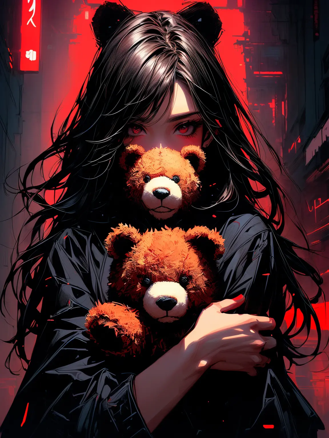 a close up of a person holding a teddy bear((holding a teddy bear)) with a red light, artwork in the style of guweiz, dark art s...