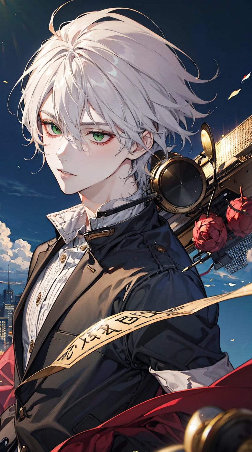 1young man, short gray hair, heterochromia(red eyes, green eyes),solo, male photo, Happy new year,postcard, best quality, masterpiece, ultra-detailed