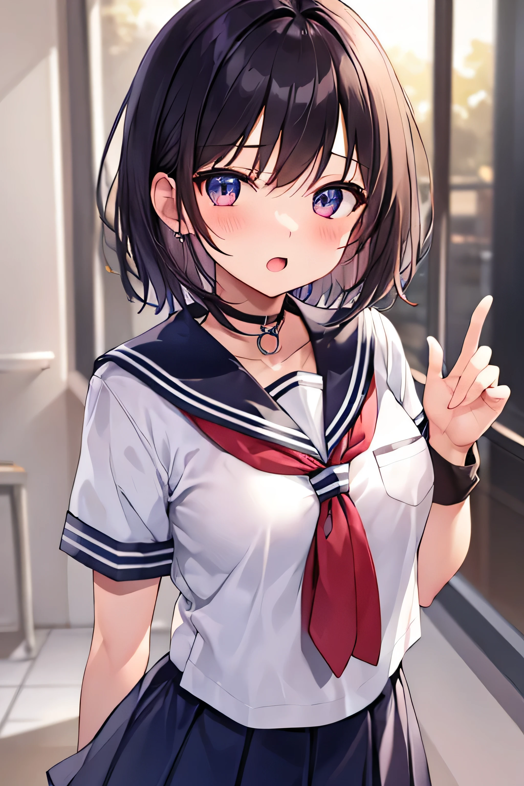 ​masterpiece、Top image quality、超A high resolution、Lori、well developed girl、Short hair、Blushing、mock、Open your mouth just a little、Short sleeve sailor suit、Mini skirt、Inside the classroom