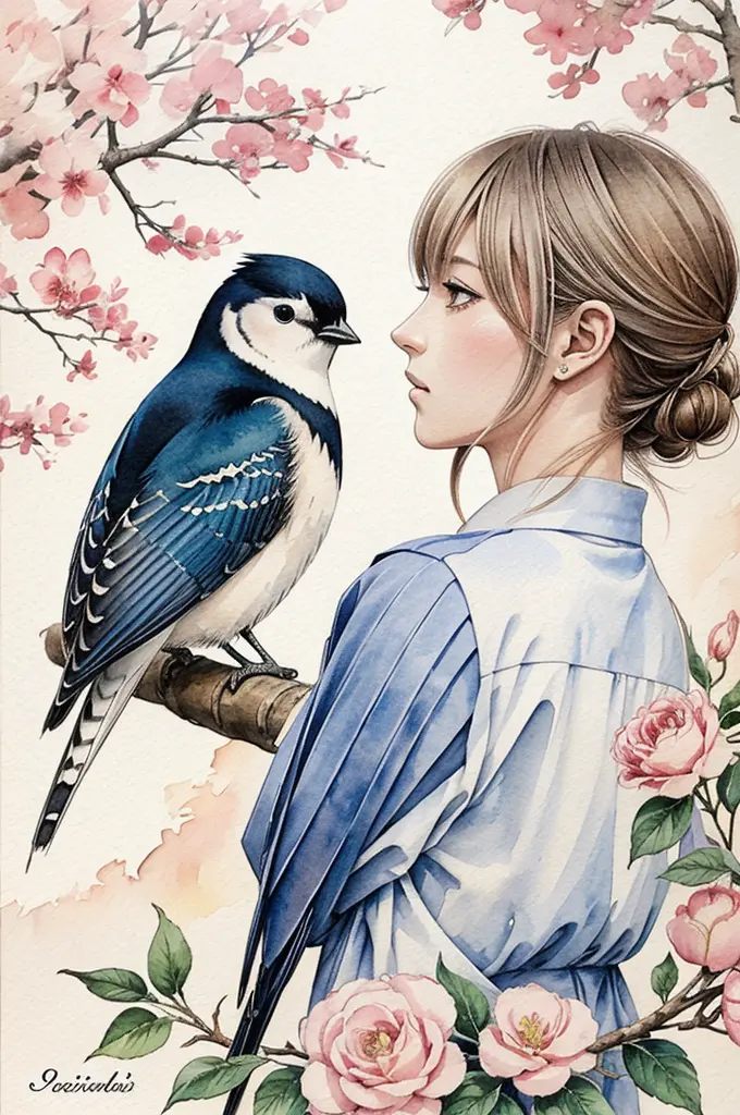 oiseaux, style manga japonais, croquis, watercolor colors.