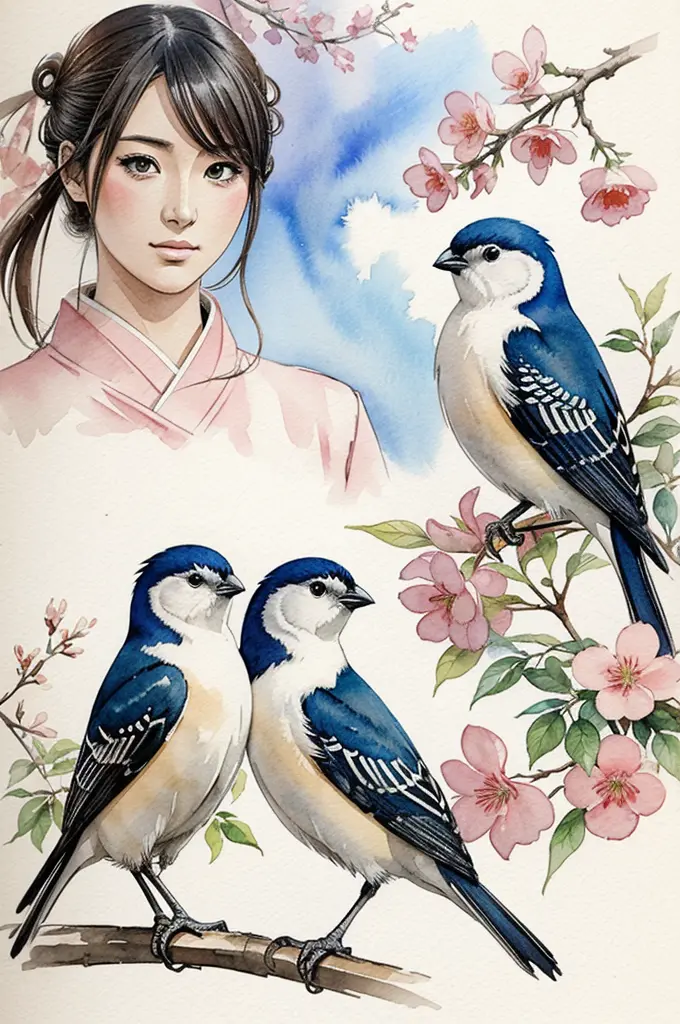 oiseaux, style manga japonais, croquis, watercolor colors.