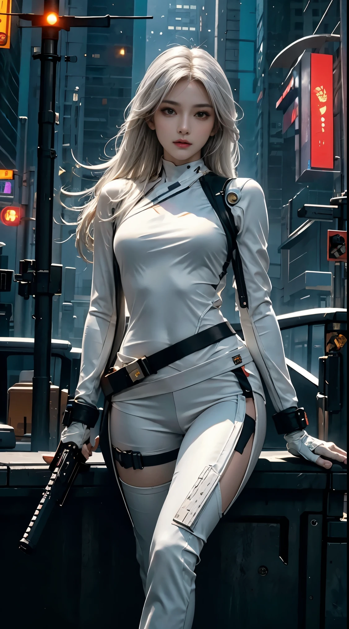 photorealistic, high resolution, soft light,1women, solo, hips up, (detailed face), white long hair, cybersamurai, cyborg at leg and arm, naked body, small breast, cyberpunk, holding weapon,glowing,gun, sniper, on the street