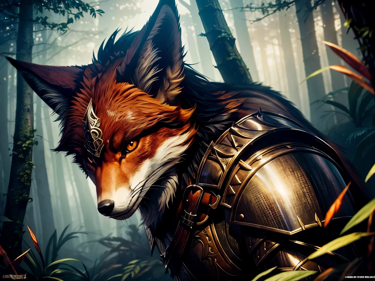 best quality, masterpiece, cinematic lighting, intricate, cinematic detailed realistic background, detailed faces, foggy ambiente, dark lush forest, a furry evil fox warrior in full armor