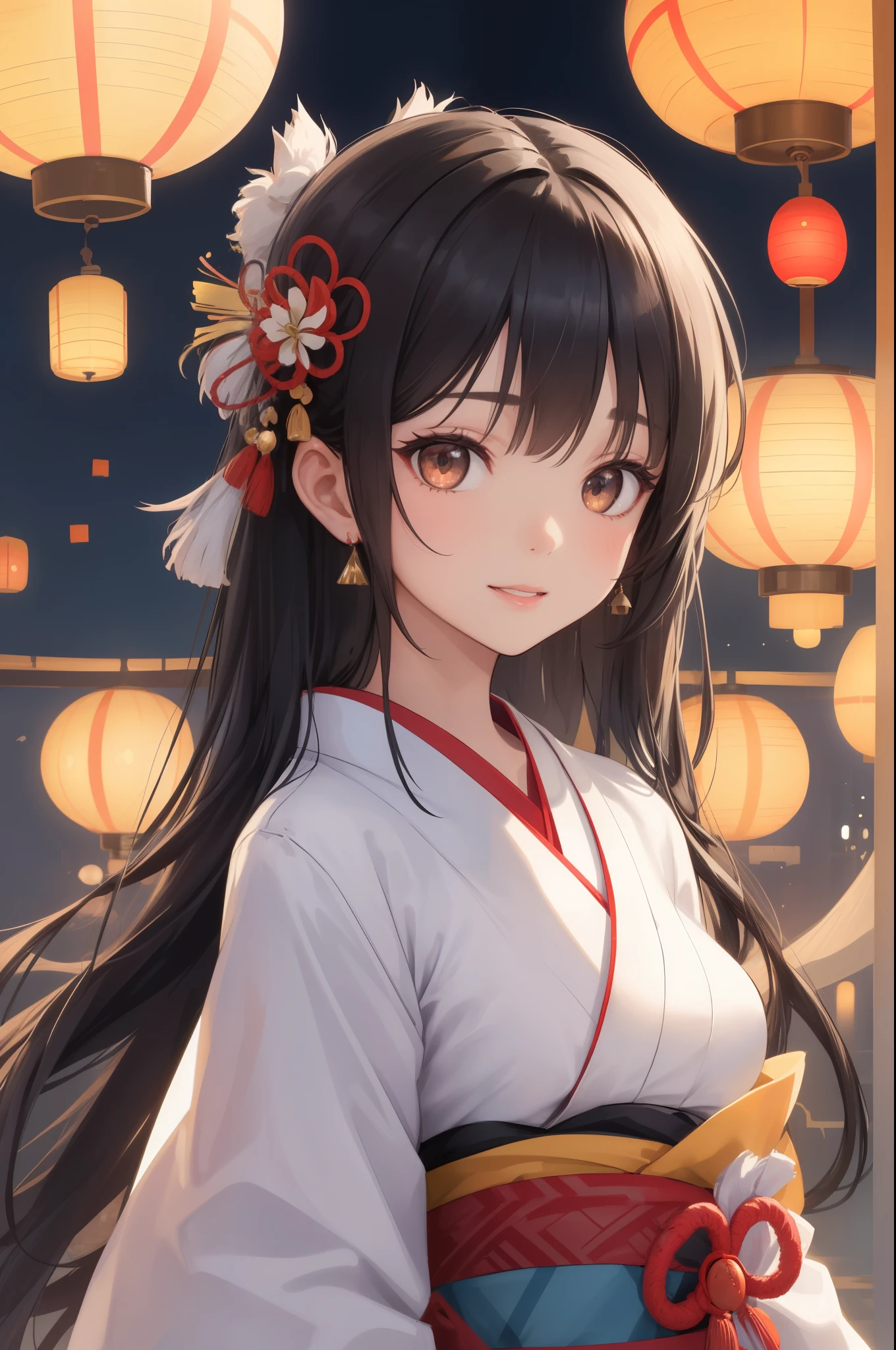 solo, woman, japanese kimono, black hair, long hair, floating hair, shiny hair, jewelry, light smile, detailed beautiful face and eyes, cinematic lighting, jpeg artifacts, Eye-Level Shot, drop shadow, depth of field, hyperrealism, atmospheric perspective, tachi-e, masterpiece, retina, ccurate, best quality, highres, 4K, super detail