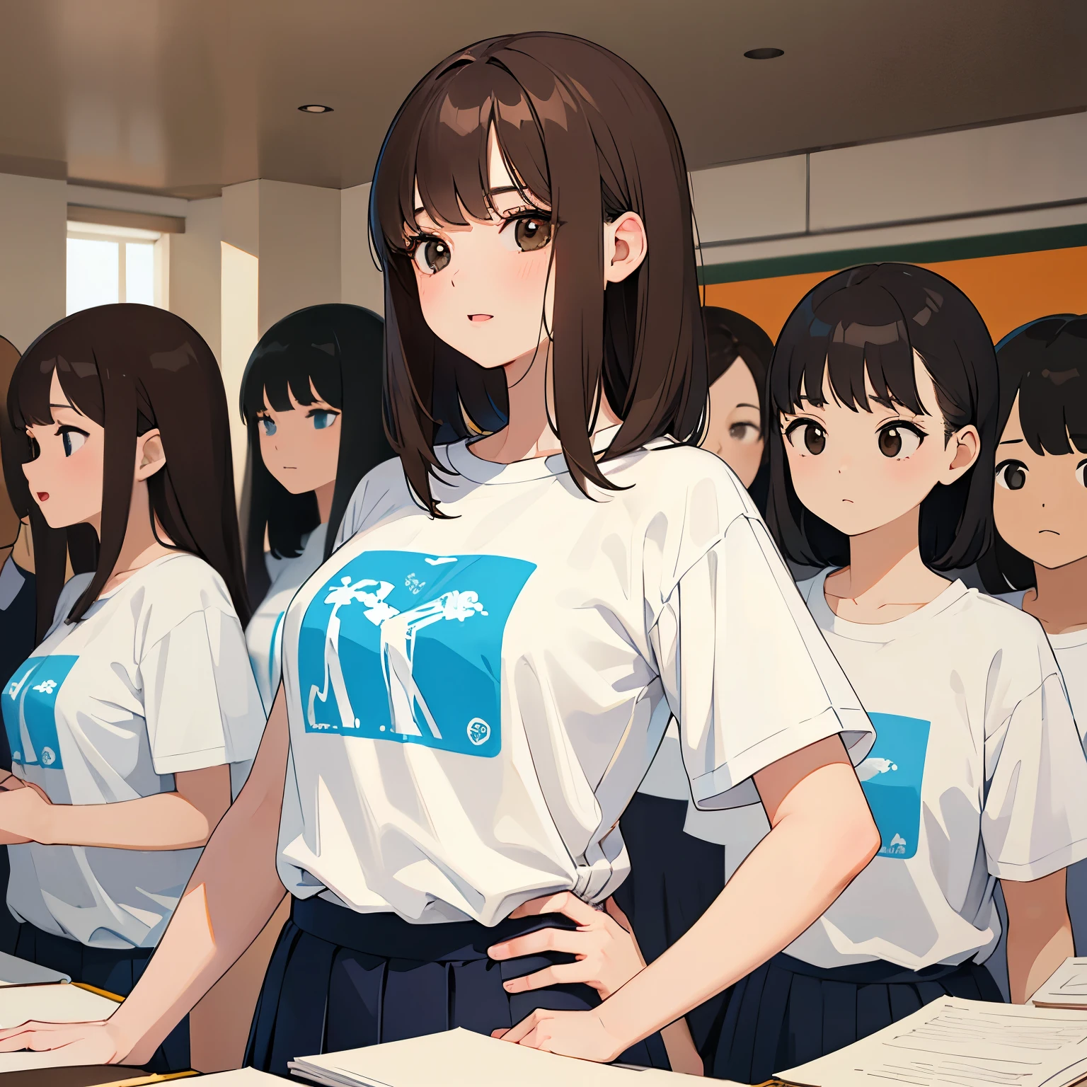 ​masterpiece、top-quality、 A 2 woman with medium hair and  with brown bangs.、T-shirt 、white  shirt、(funny :1.3)、Staring、is standing、The background school 、Bold composition、Upper body is shown、with friends