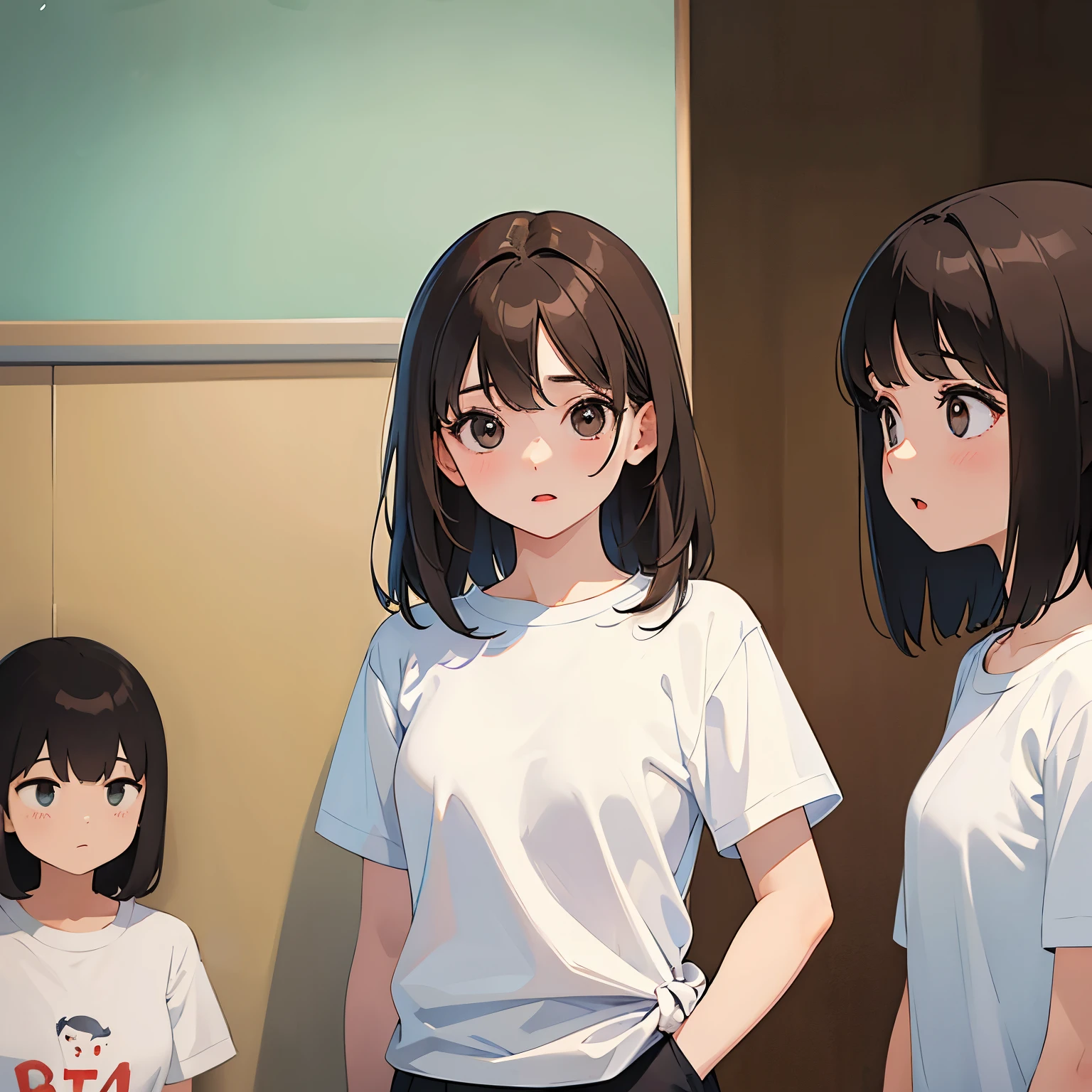 ​masterpiece、top-quality、 A 25-year-old woman with medium hair and  with brown bangs.、T-shirt 、white  shirt、(funny :1.3)、Staring、is standing、The background school 、Bold composition、Upper body is shown、with friends